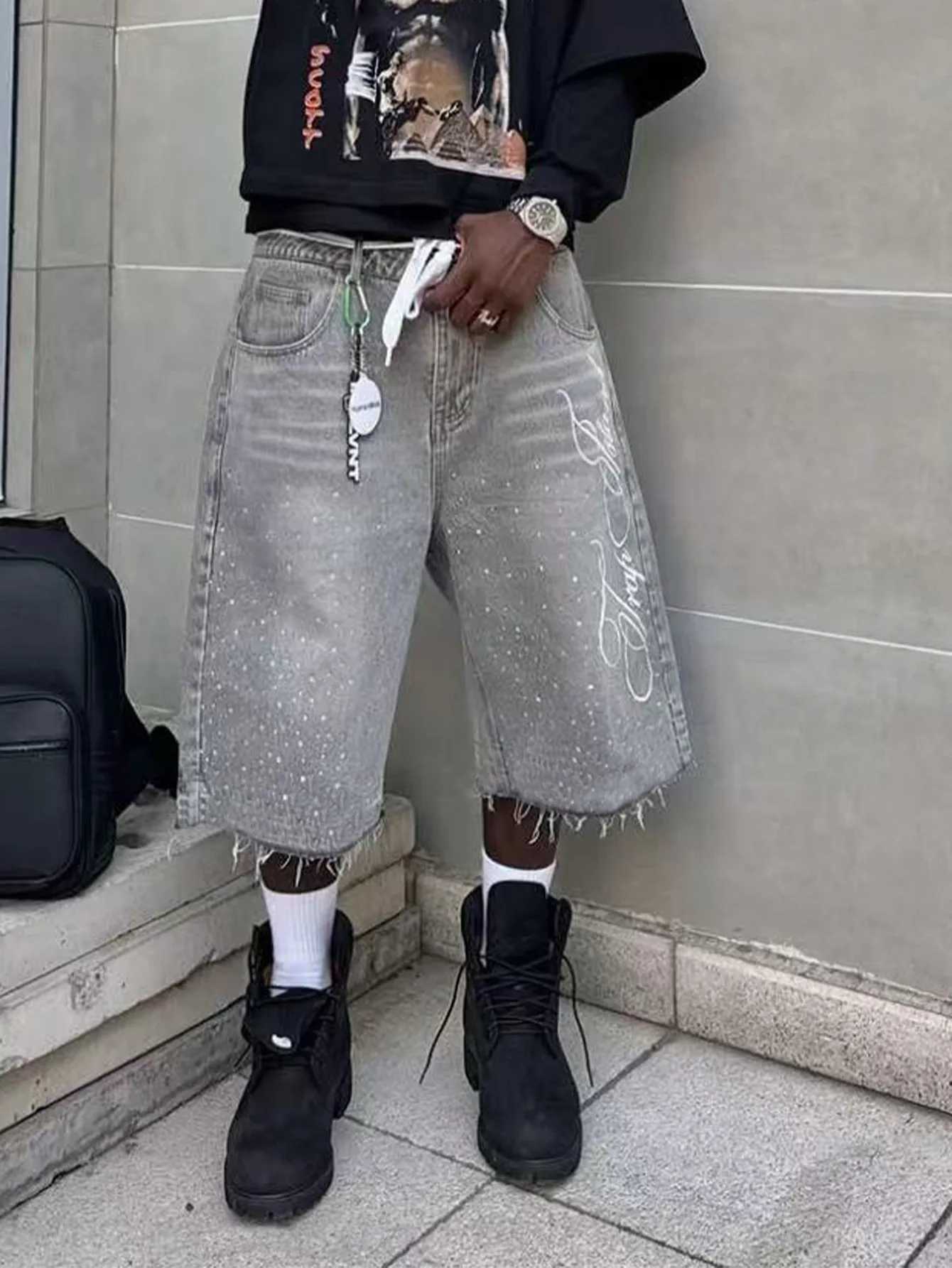 Summer American Letters Embroidery Gray Baggy Shorts Jeans Men Frayed Hem Wide Leg Baggy Copped Pants For Male T250603