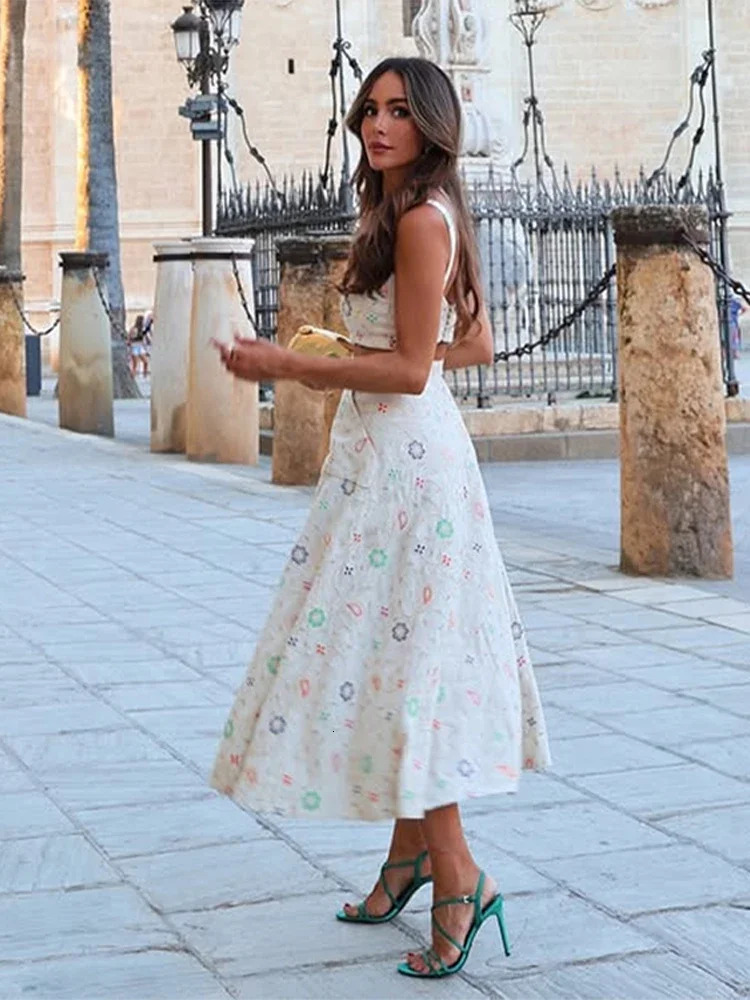Chic Embroidery Long Skirts Suit Women Elegant Loose Sleeveless Crop Tops Sets Female Spring Summer Beach Vacation Set 250603
