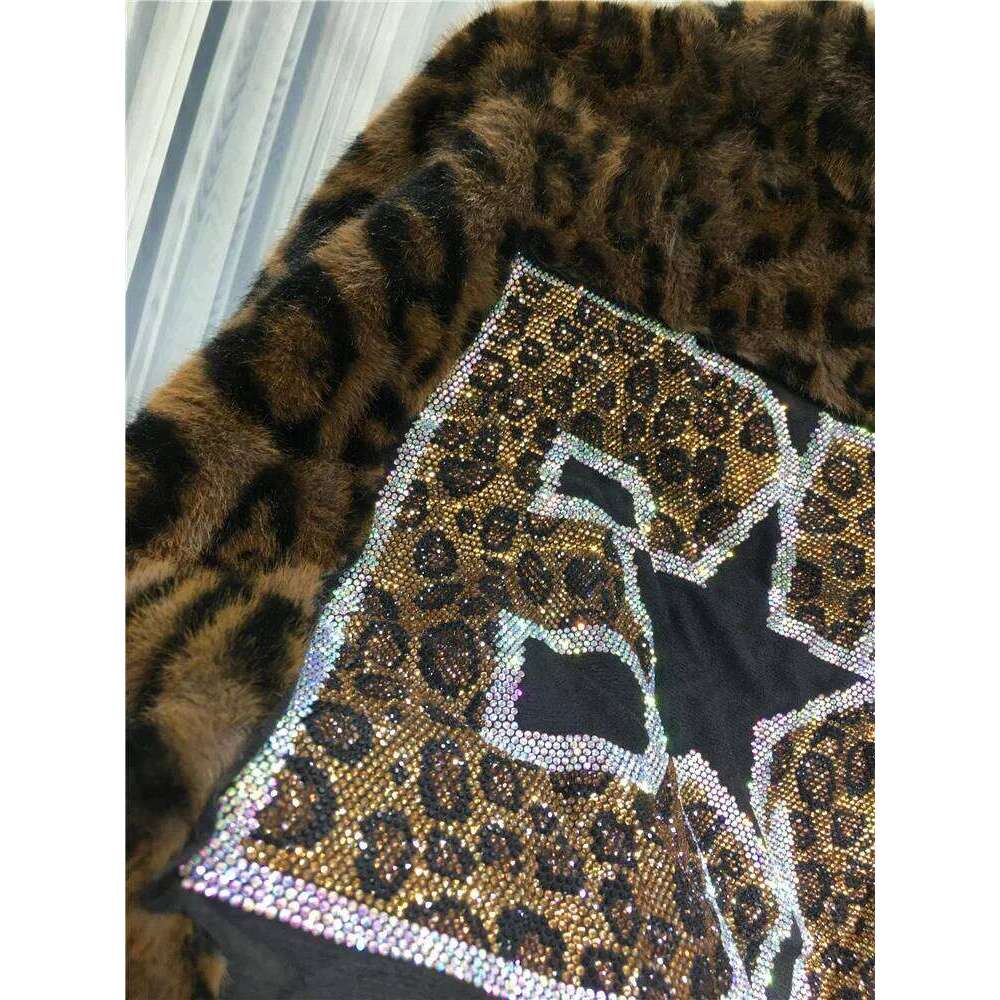 2024 New Autumn Winter Leopard Jacket Women Hot Drilling Stand Collar Loose Cardigans Coat All-match Faux Fur Overcoat
