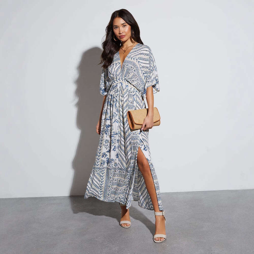 Women's Spring Summer Printed Long Sleeve V-Neck Dress B5