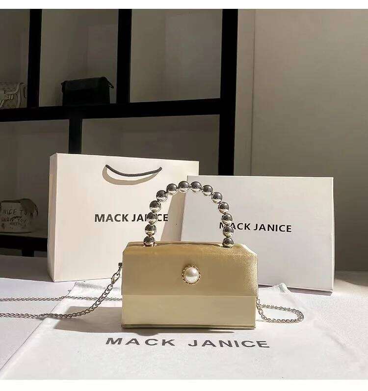 Satin Square Fashion Women Handbag Beads Beaded Handle Evening Wedding Party Clutch Purse Shoulder Crossbody Bag