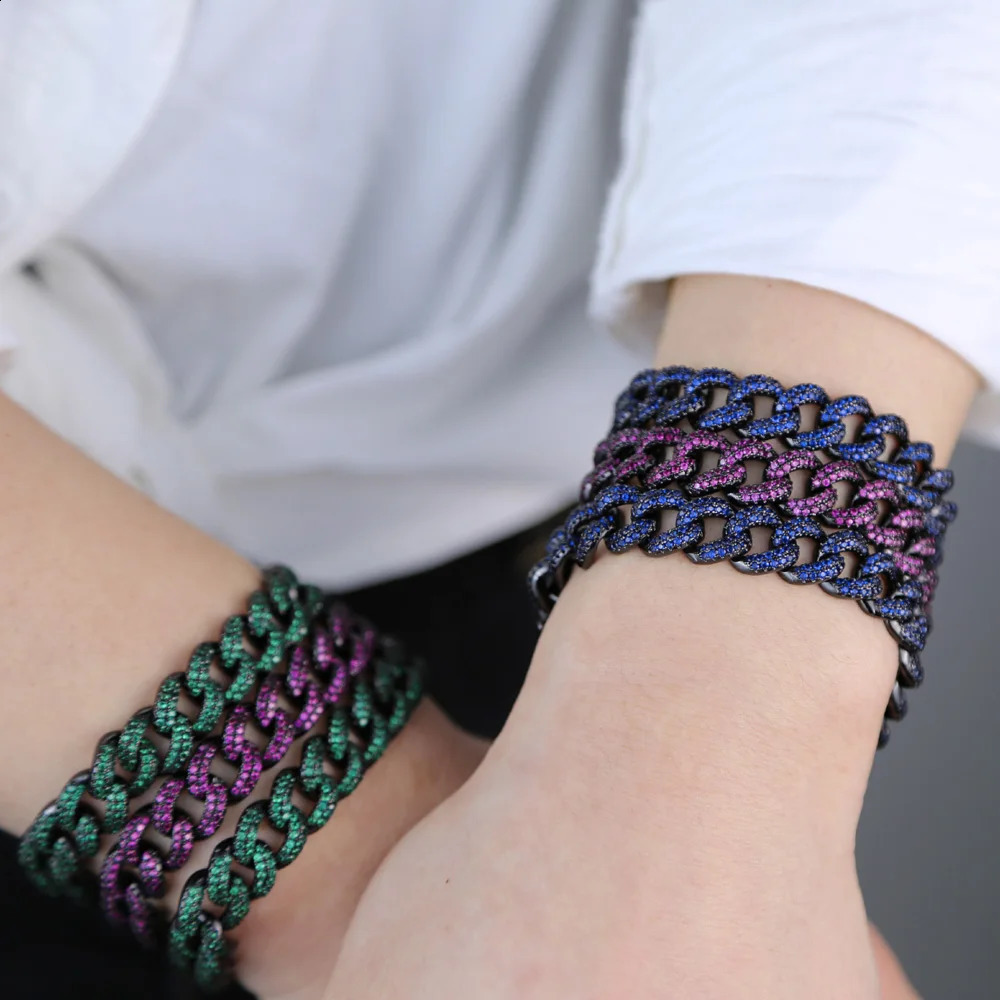 Hip Hop Bling Iced Out Miami Cuban Chain Bracelets Micro Pave Rainbow Red Green Blue CZ Colorful Women Men Fashion Jewelry 250530