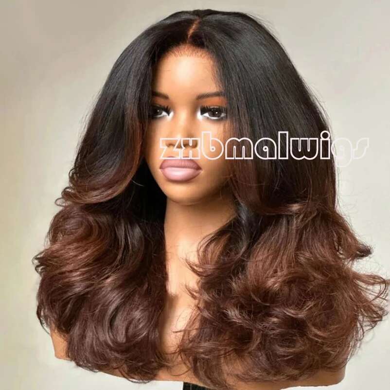 QW Synthetic Hair Lace Front Wig For Women Ombre Brown Body Wave Preplucked Glueless Heat Temperature Daily Cosplay