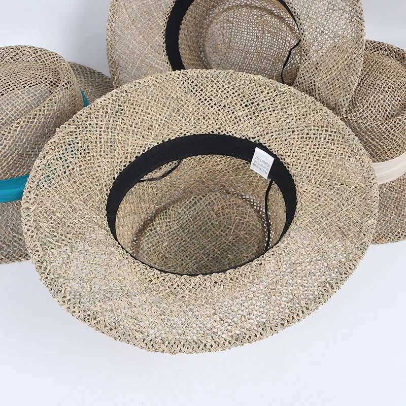100% Natural Grasses Straw Hat Women 2025 Summer Wide Brim Travel Beach Sun Hat Black Ribbon Protection Visor Cap Panama Sunhat W250602