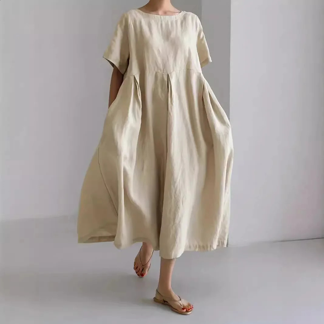 Loose Plus Size Dress 5-Color Round Neck Pullover Cotton Linen Fashion Casual Vacation Style Solid Color Sweet Women Long Skirt 250529