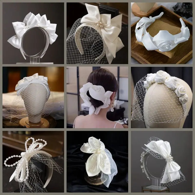 White bridal hairband Mesh Satin Bow Headband Vintage Fairy Bridal Wedding hair Accessory 250530