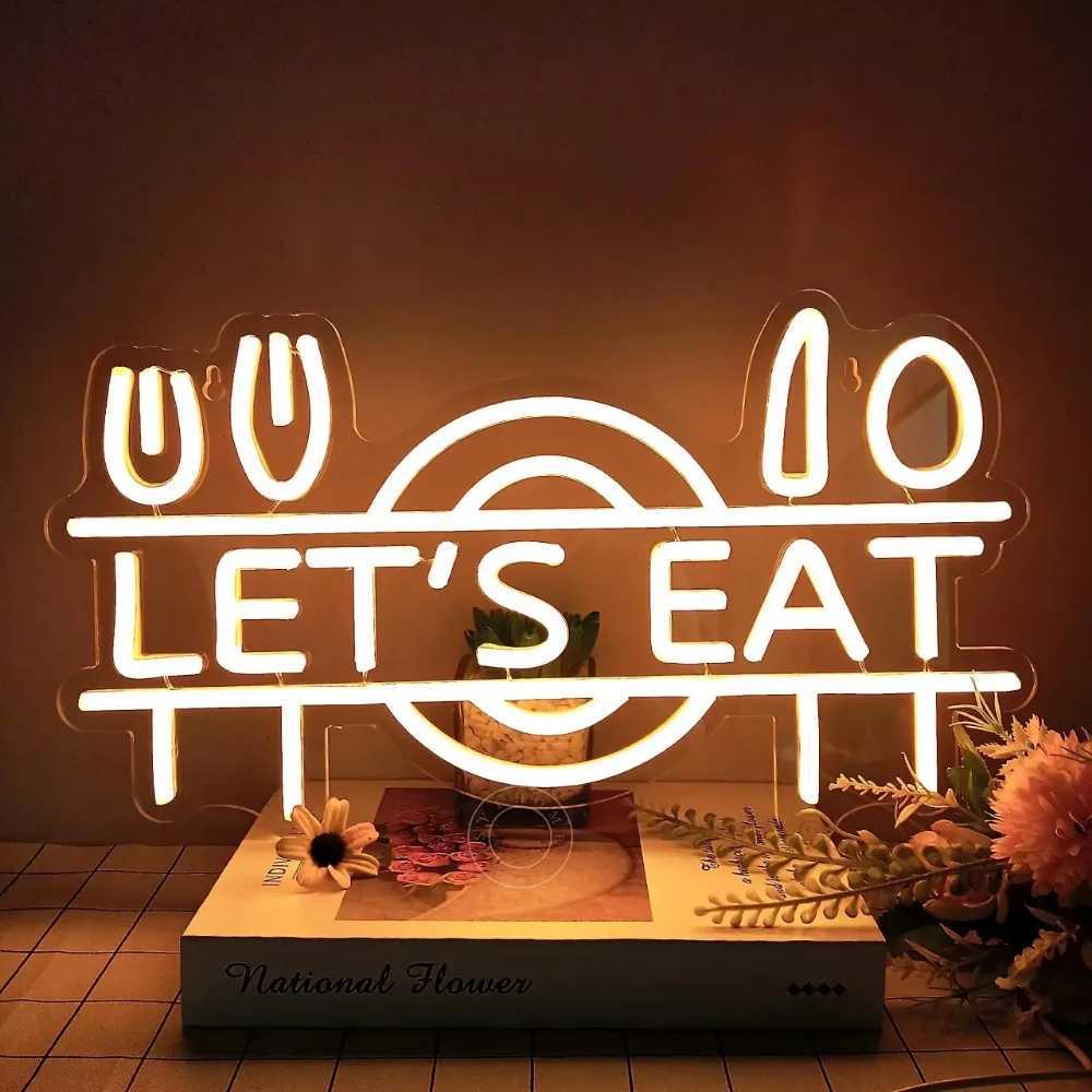 Lets Eat LED Neon Light Sign Fork Knife Spoon Plate Dish Food Restaurant Kitchen Canteen Party Wall Sign Decor Gift USB Powered XJ250602