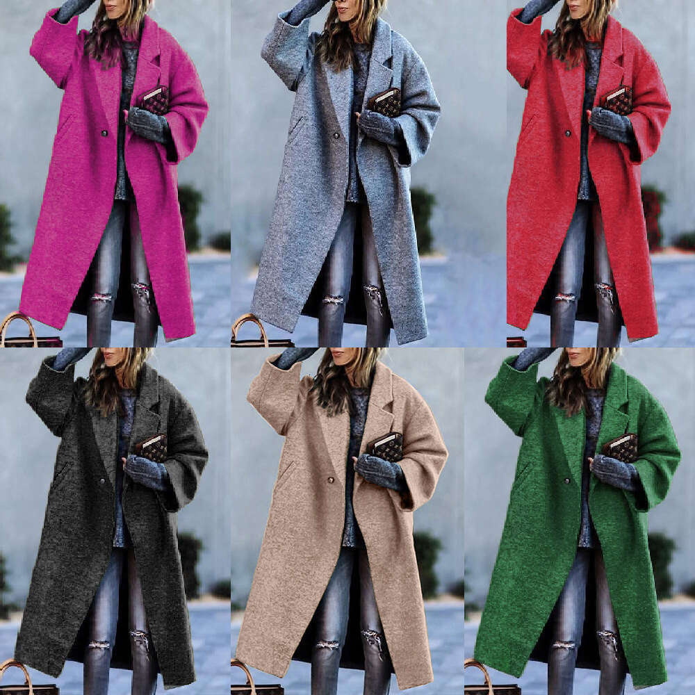 Autumn Winter Long Color Temperament Commuting No Belt Turn-Down Collar Loose Woolen Green Coat For Women B5