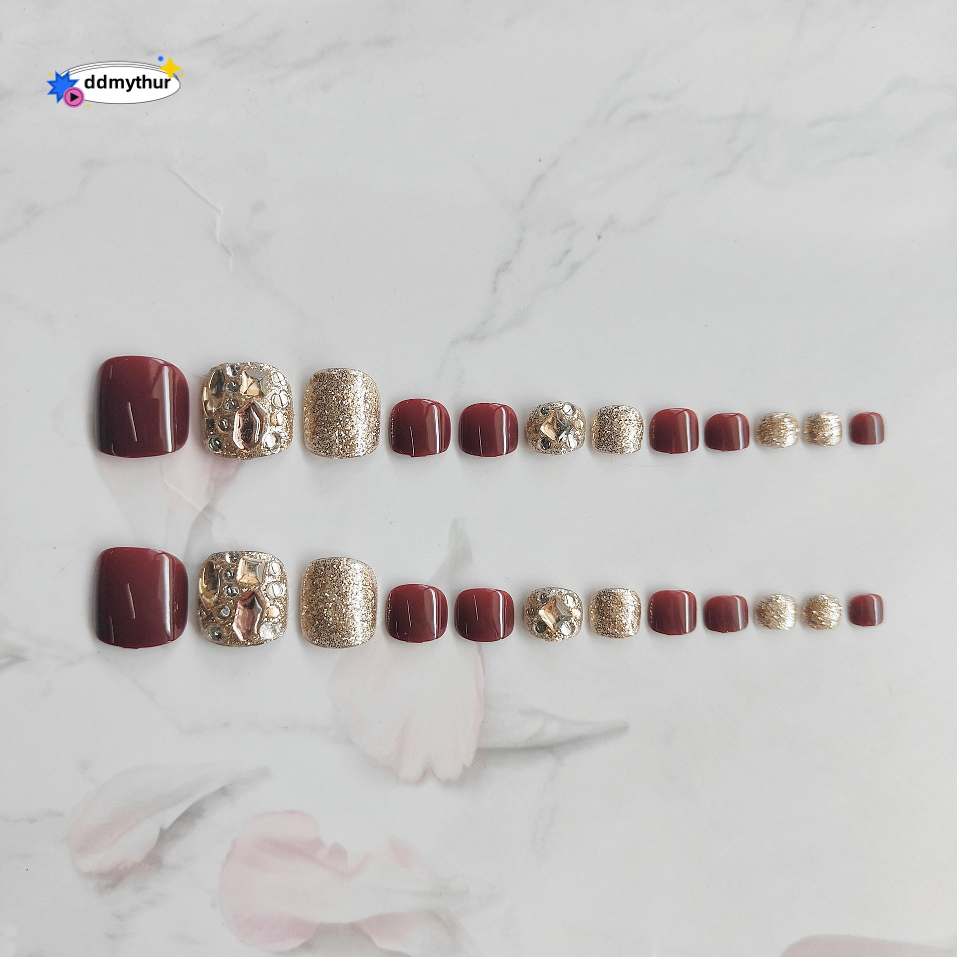 J-8 Cherry Rhinestone Wearable Nails Detachable Art Finished Flashing Handmade UV Gel Fake Toe Nail Stickers ddmythur
