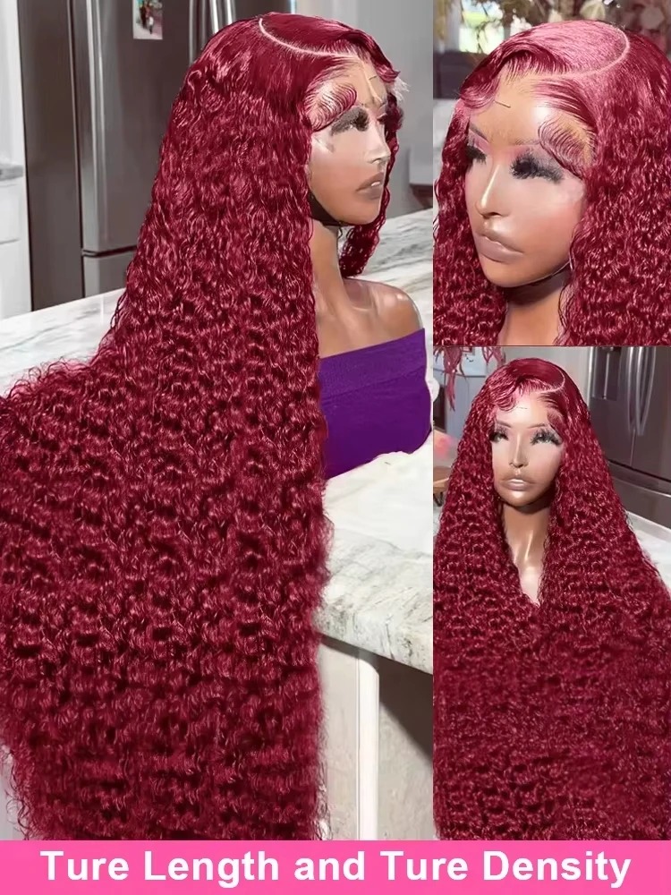 30 40 Inch Burgundy 13x6 Hd Lace Frontal Human Hair Wig Red Colored 13x4 Transparent Lace Curly Deep Wave Frontal Wig Synthetic