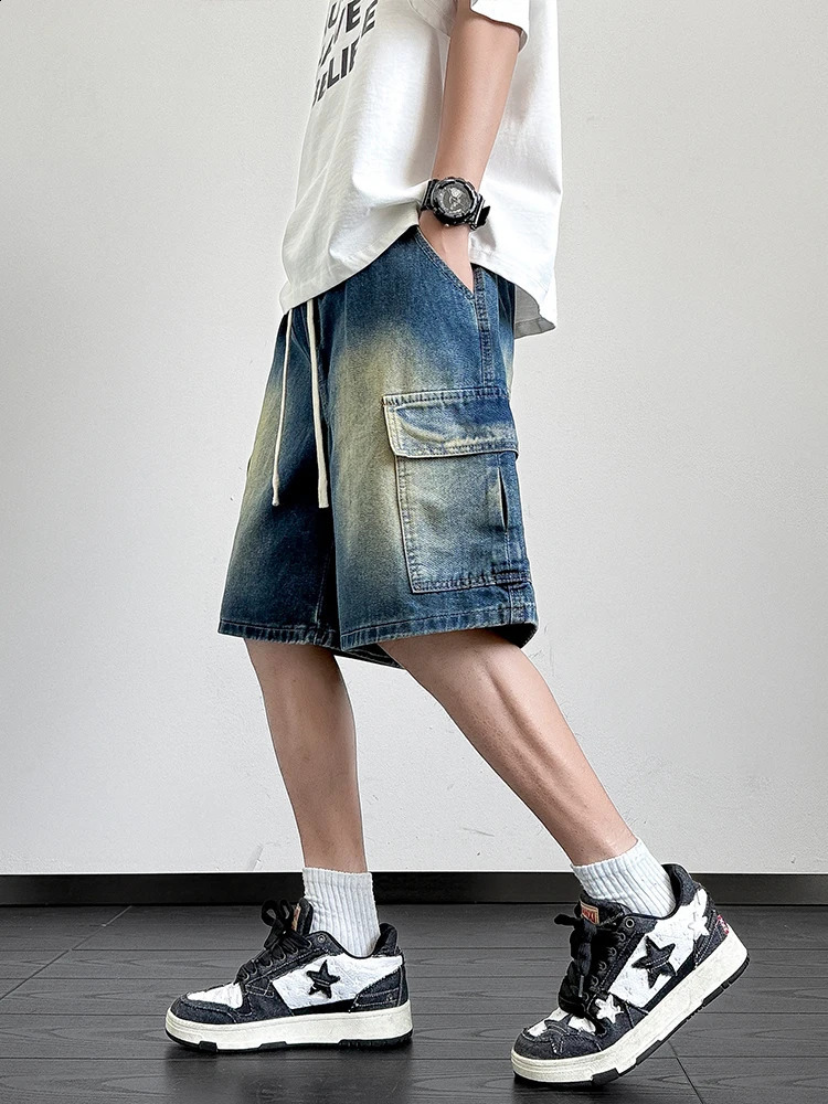 Summer Denim Shorts Men Korean Fashion Wide Leg Straight Jean Short Male MultiPocket Loose Fit Cargo 250529Z