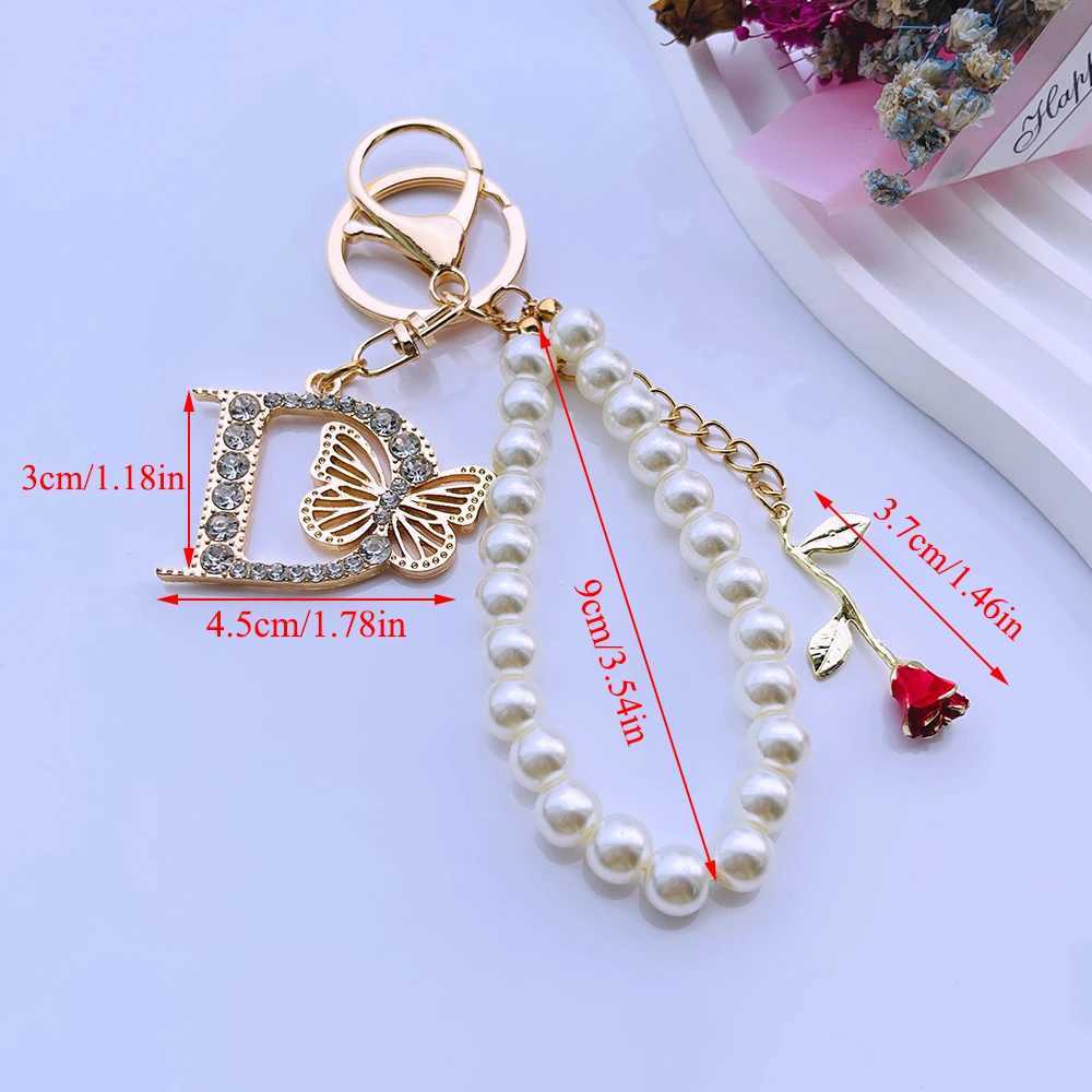 Exquisite Initial A-Z 26 Butterfly Capital Letters Red Rose Keyring Crystal Resin Pearl Beaded Keychain Bag Pendant Women Gift XJ250602