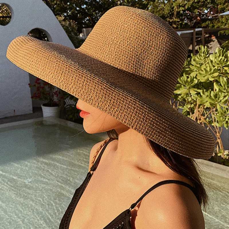 HT2303 2023 New Summer Sun Hats Ladies Solid Plain Elegant Wide Brim Hat Female Round Top Panama Floppy Straw Beach Hat Women W250602
