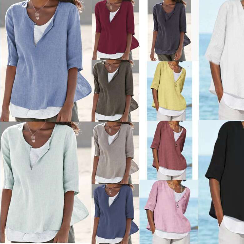 Spring Summer V-Neck Solid Color Cotton Linen Plus Size Mid-Sleeve Women's Shirt B5