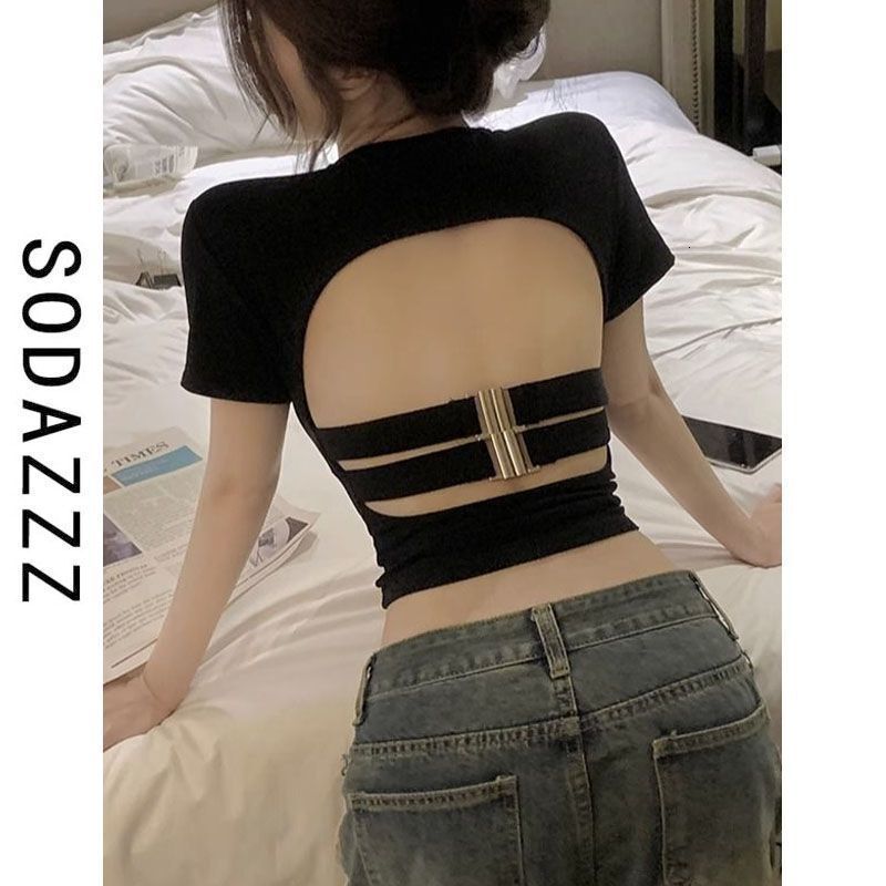 2025 new spring and summer women's T-shirt new American spicy girl hollow out backless top women's summer slim fit square neck designer shor