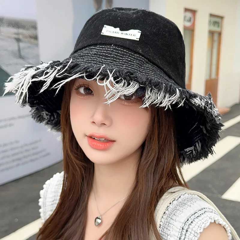Unisex Tassel Distressed Denim Bucket Hats for Women Wide Brim Foldable Panama Cap Perfect for Outdoor Beach Fishermans Hat W250602