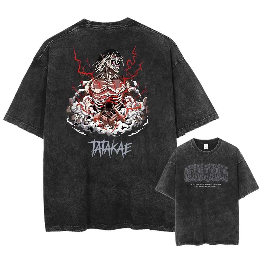 Anime Attack on Titan Eren Jaeger Printed T-shirt Men Vintage Washed Tshirt Manga Casual T Shirt Harajuku Male Cotton Tops W250603