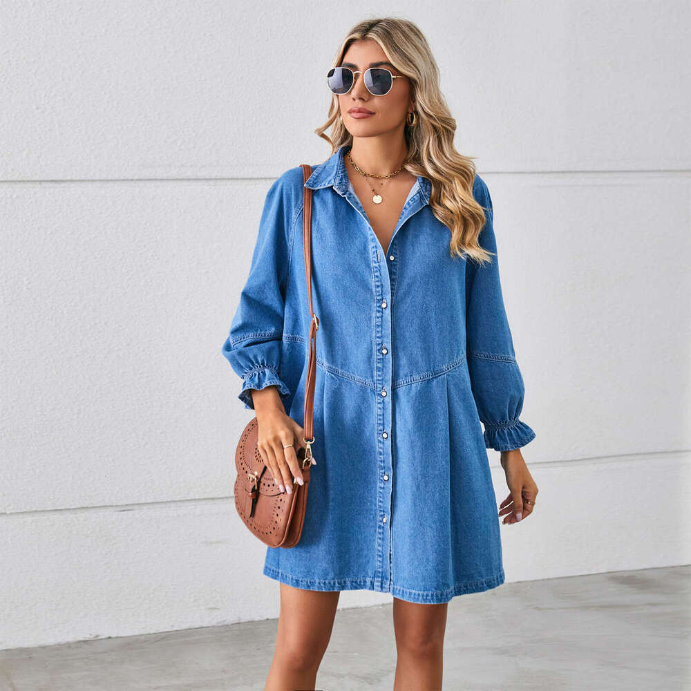 Womens Dress Dresses for Woman Elegant for A Wedding Robe Dresses for Woman Party New Loose Washed Long Sleeved Patchwork Denim Dress Mid Length Skirt