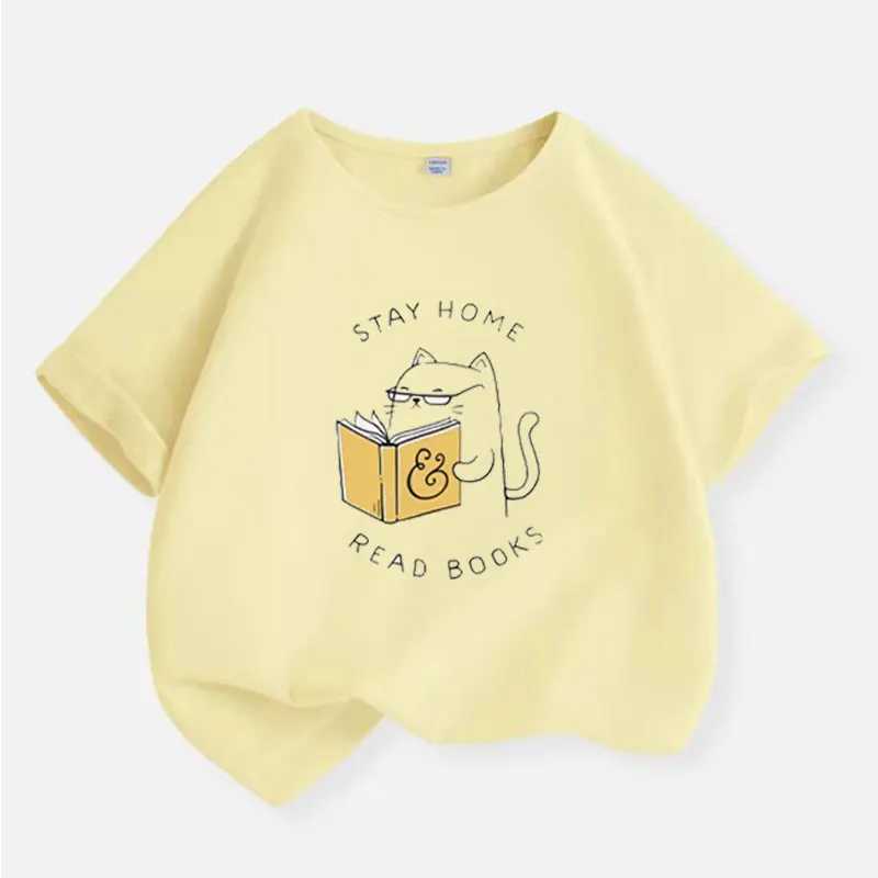Cat Reading T-shirt for Girls Cotton Kids T Shirt Cartoons Children Casual Clothes Teen Baby Girl Summer Y2K Tops 6 8 10 12 Years T250603