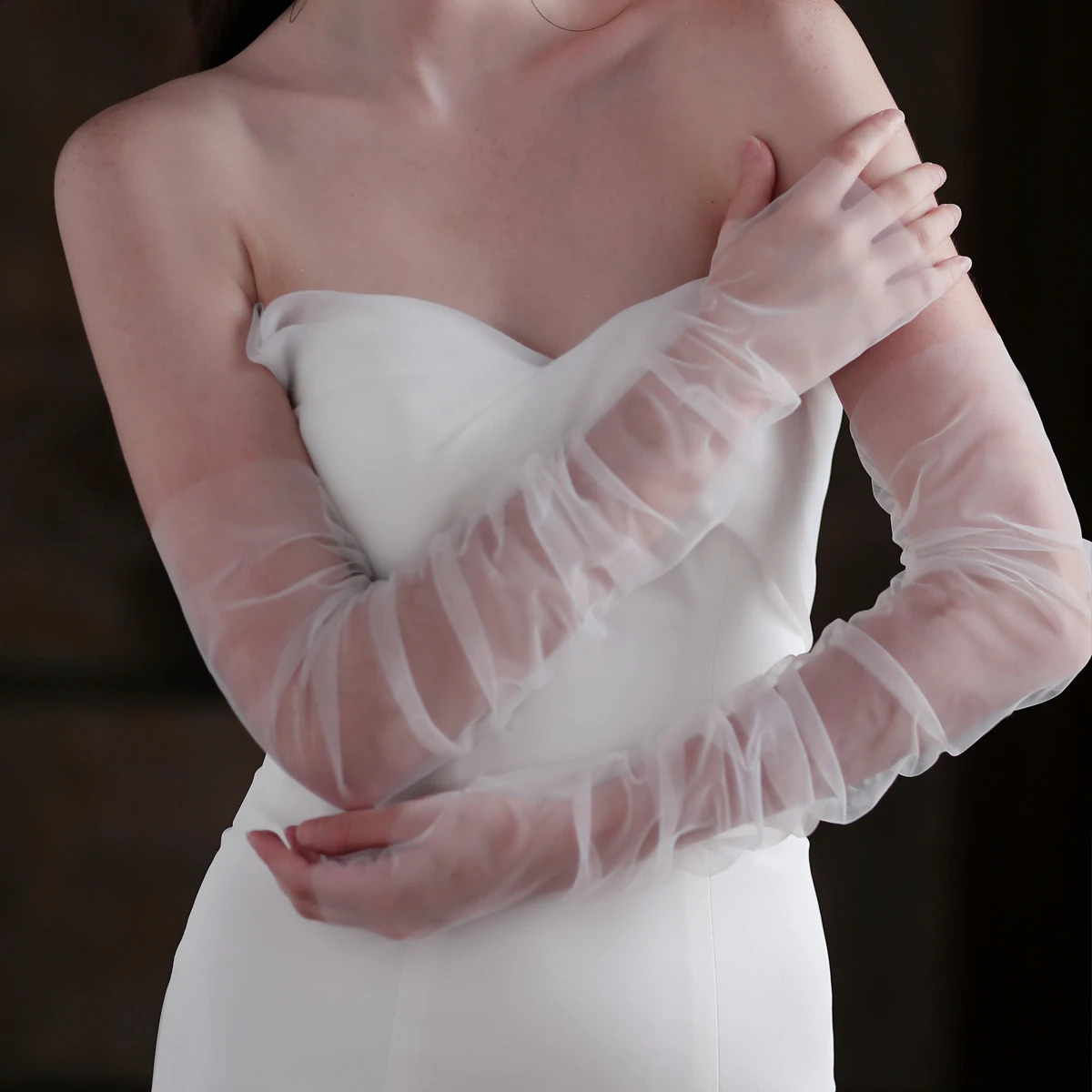 WG108 Elegant White Wedding Bridal Gloves Soft Tulle Long Opera Fingerless Women Pageant Prom Perform Gloves 250530