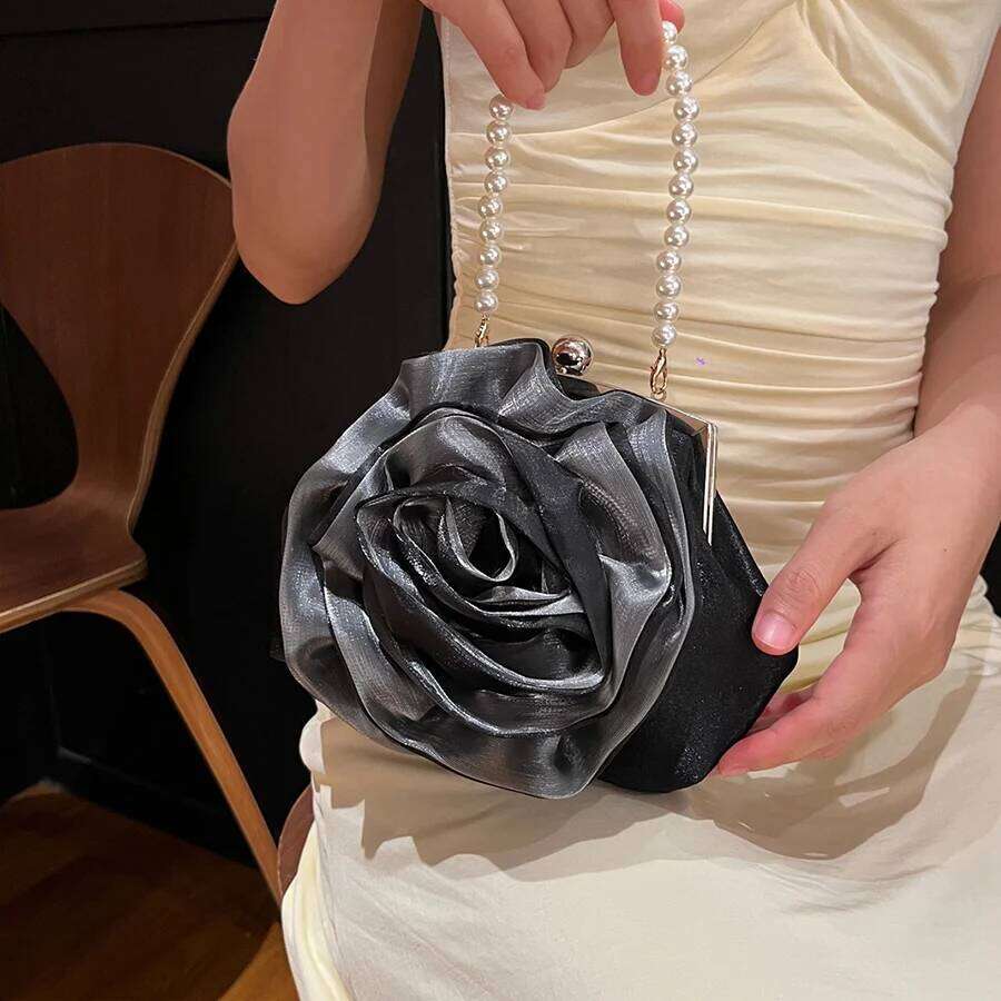 Chain Vintage Pearl Satin Rose Evening Clutch Design Dinner Party Wedding Flower Purse White/Black Bridal Banquet Handbags Prom