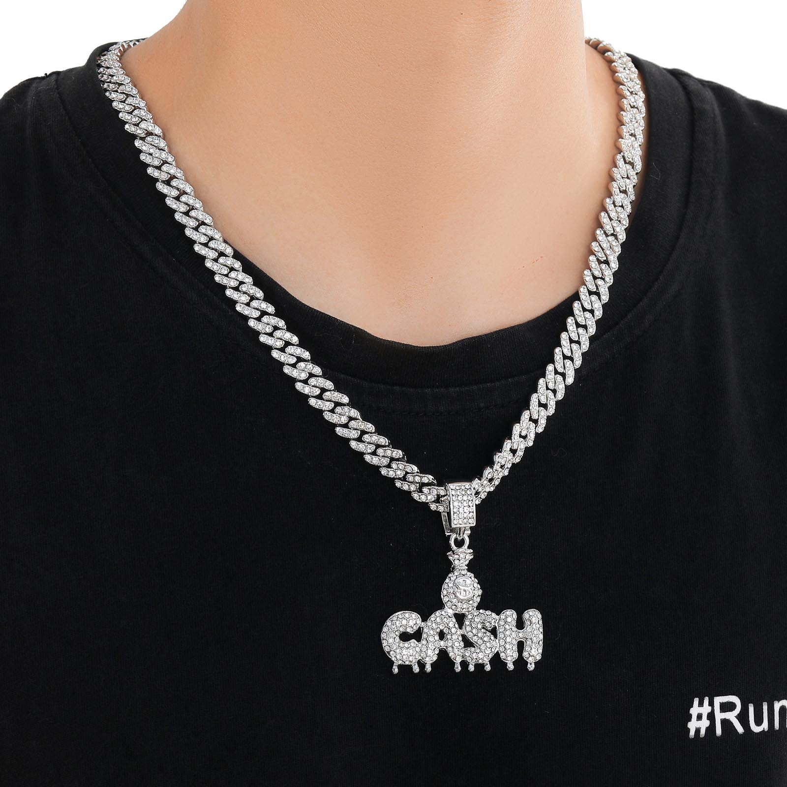 Hip Hop Necklace Mens CASH Letter Full Diamond Money Bag Pendant Personalized Trendy Cuban Chain Hip Hop Accessories Moissanite pendant