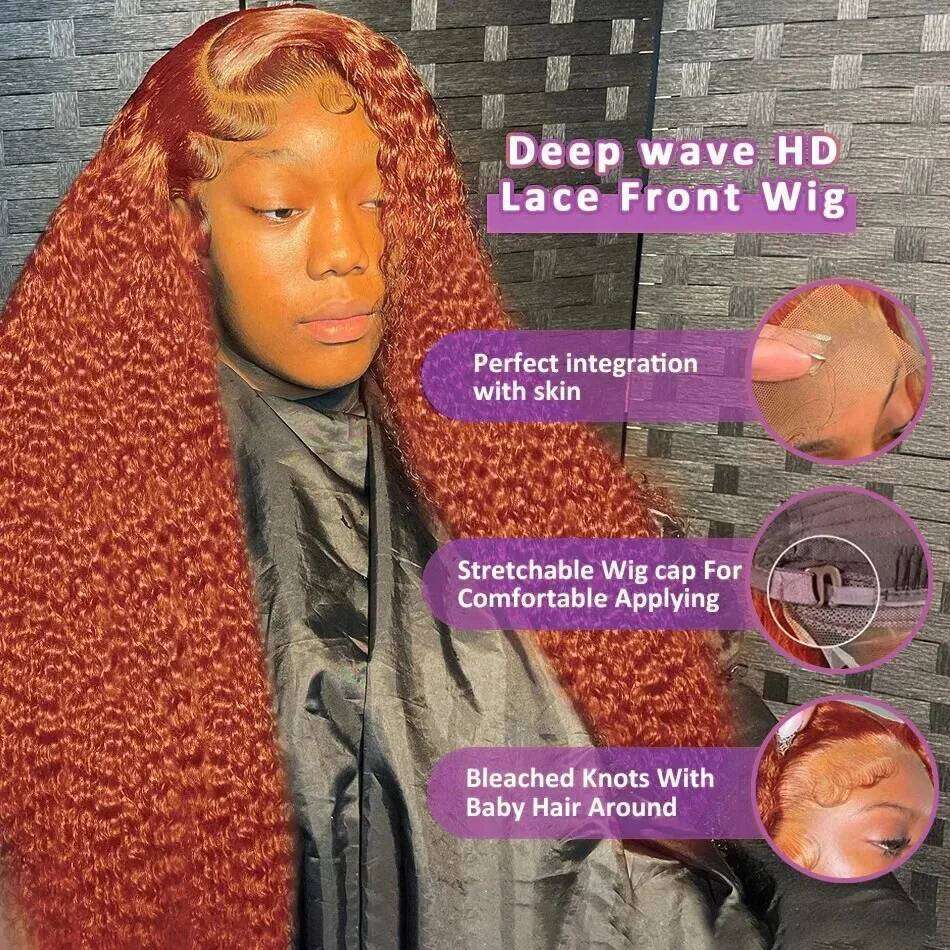 YKB 30 40 Inch 350 Ginger Kinky Curly 13x6 HD Lace Front Human Hair Wigs Orange Colored Deep Wave 13x4 Frontal Wig For Women