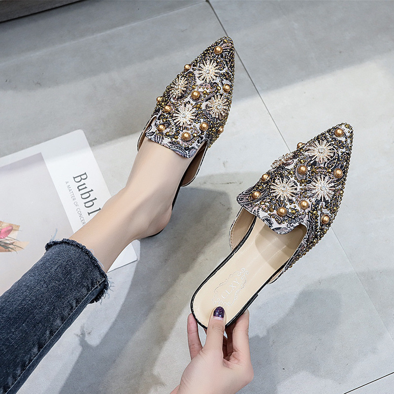 designer European Station 2025 Spring/Summer New Sexy Printed Rhinestone Studded Pearl Pointed Toe Closed-Toe Graffiti One-Word Slippers