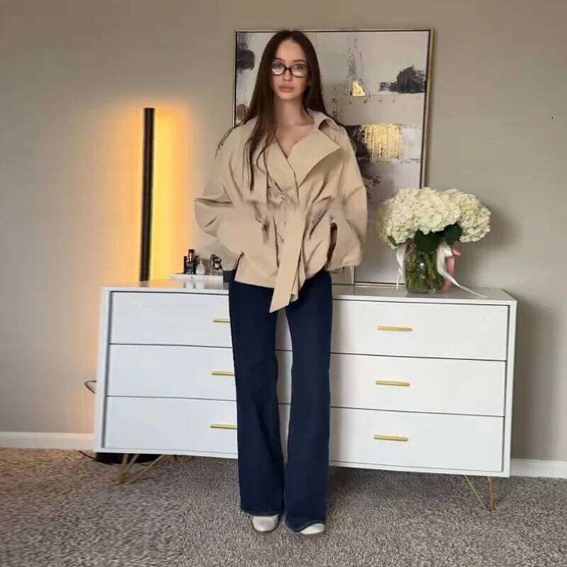 Casual Women's Bomber Jacket Chic Lace Up Lapel Collar Full Sleeve Female Coat Spring New Office Lady Outerwear Commuting