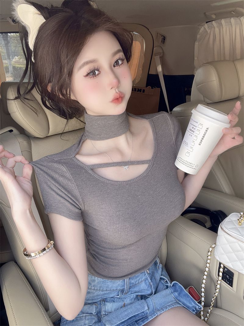 2025 New Spring and Summer Women's T-shirt Summer New Design Unique Hollow High Neck Short Sleeve Women's T-shirt Novel and Simple Spicy Gir
