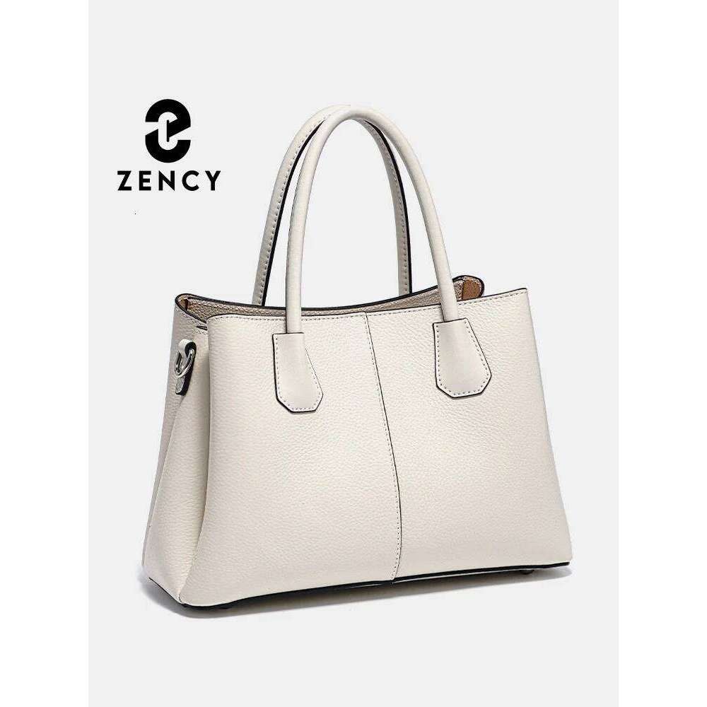 Zency Women's Genuine Leather Top-Handle Bag Noble White Crossbody with Three Compartments for Daily Work And Shopping