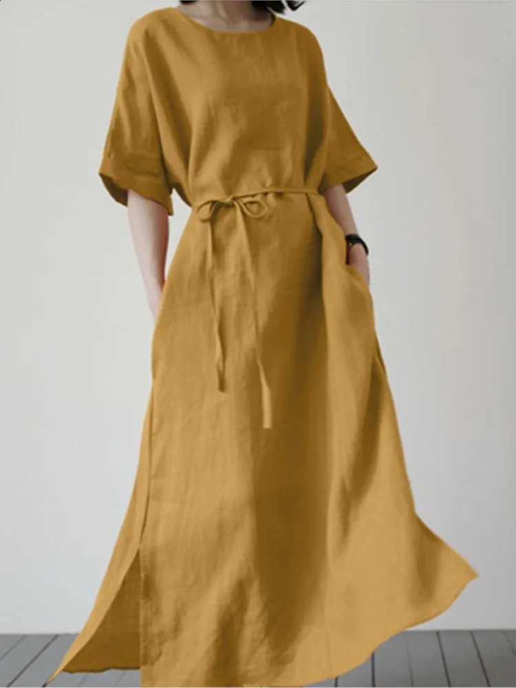 Spring Summer Womens Long Dresses Fashionable Split Hem Skirts Short Sleeves Casual Waistbands Cotton Linen Dresses For Women 250529