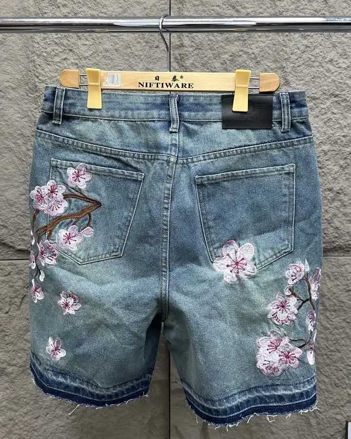Cherry Blossom Embroidery Vintage Blue Denim Shorts Y2K Jeans Mens Womens Gothic Hip Hop Baggy Shorts Low Waist Casual Shorts T250603