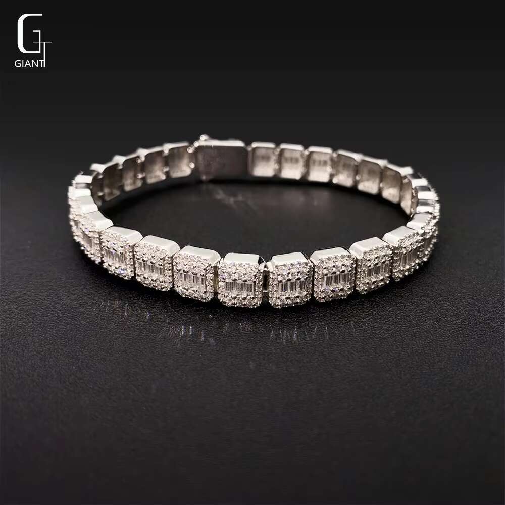 Spring Buckle VVS Moissanite Cuban Bracelet Iced Out Jewelry 9MM Baguette Cut Diamond Cuban Link Men Hip Hop Silver Bracelet