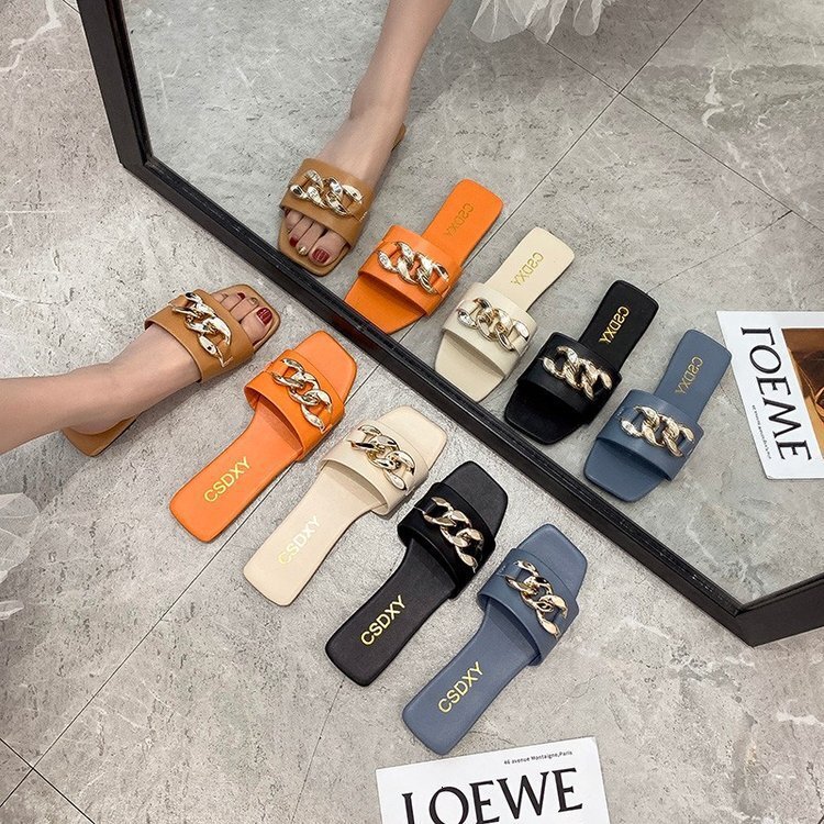 designer 2021 Summer New Trendy Flat One-Strap Sandals for Women Outdoor Fashion Metal Buckle Retro Ins Style