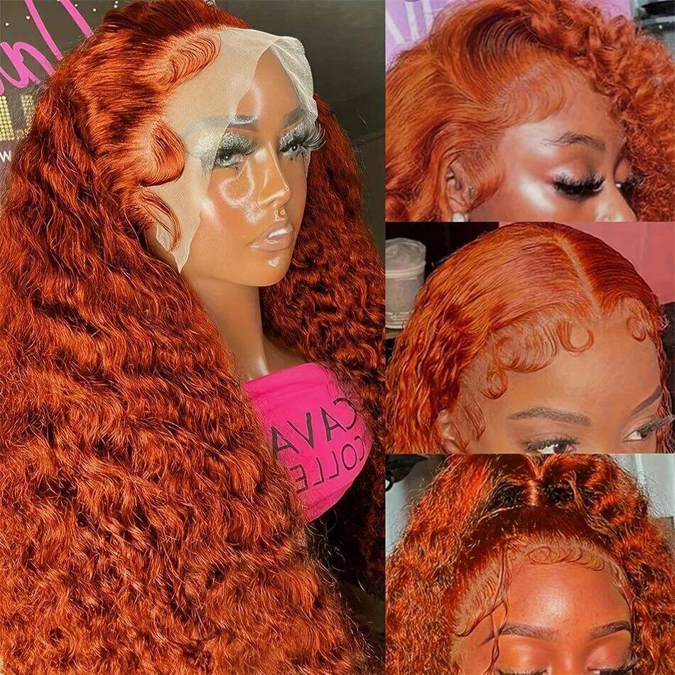 200 Density Ginger Orange Curly 13x4 HD Frontal Human Remy Hair Colored Transparent Deep Wave 13x6 Lace Front Wig For Women