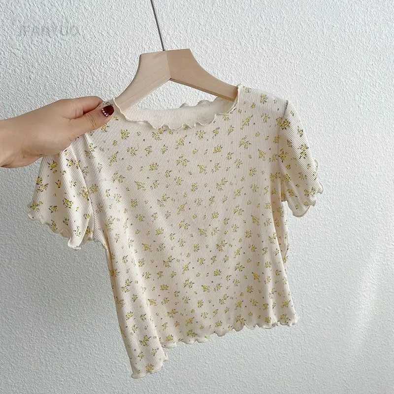 1-6Y Girls Summer Clothes T-shirt Versatile Childrens New Korean Small Floral Baby Ruffled Edge Short Sleeve Thin Knitted Tops T250603