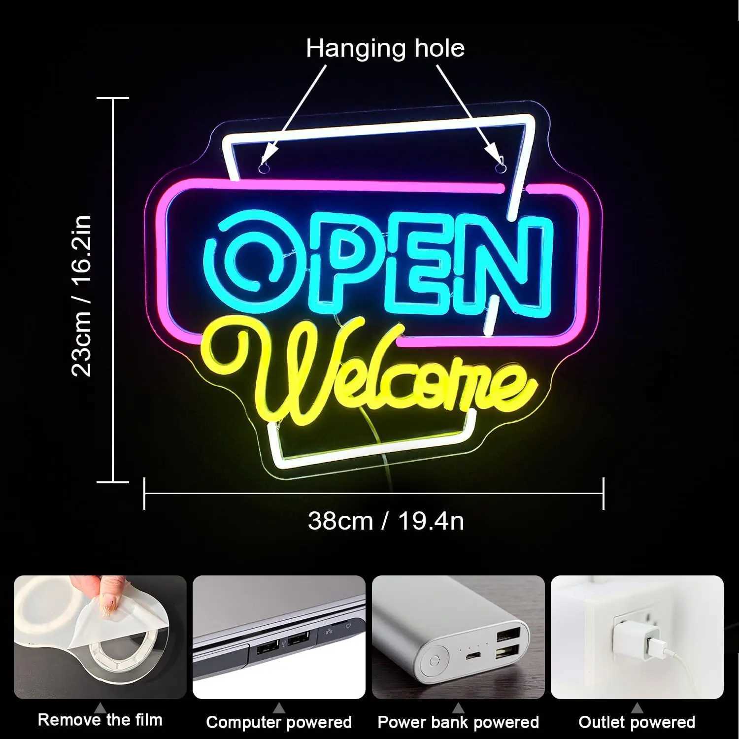 Open Welcome Neon Sign USB Dimmable LED Neon Light Sign for Business Store Window Party Bar Salon Coffee Shop Personalized Gift XJ250602