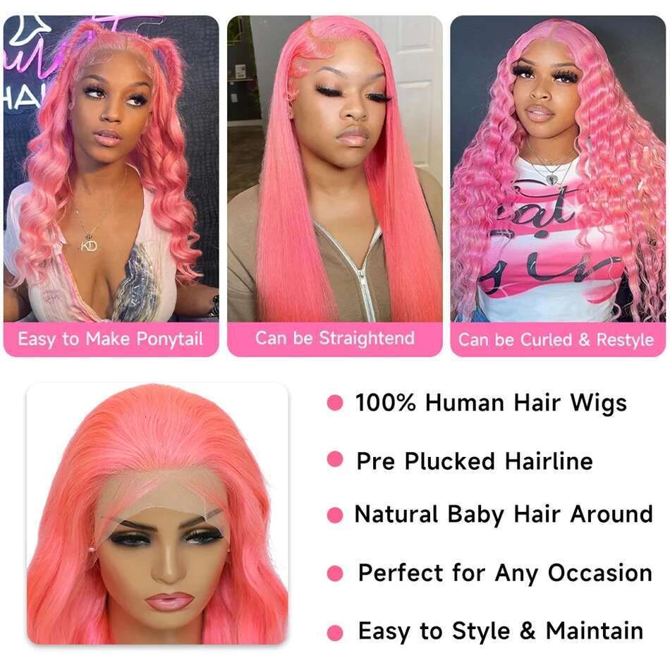 Body Wave 13x4 13x6 Hd Frontal Pre Plucked Transparent Colored Lace Front Pink Wig For Women Human Hair Wigs