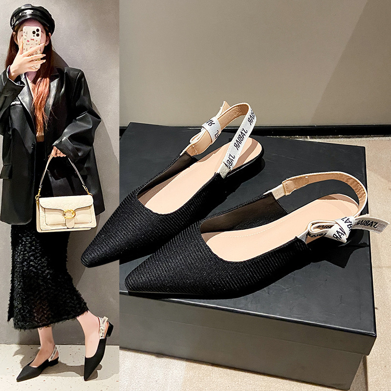 Letter Bowknot Knitted Sandals for Women 2025 Spring New Pointed Toe Shallow Mouth Backless Flat Shoes ddmythur