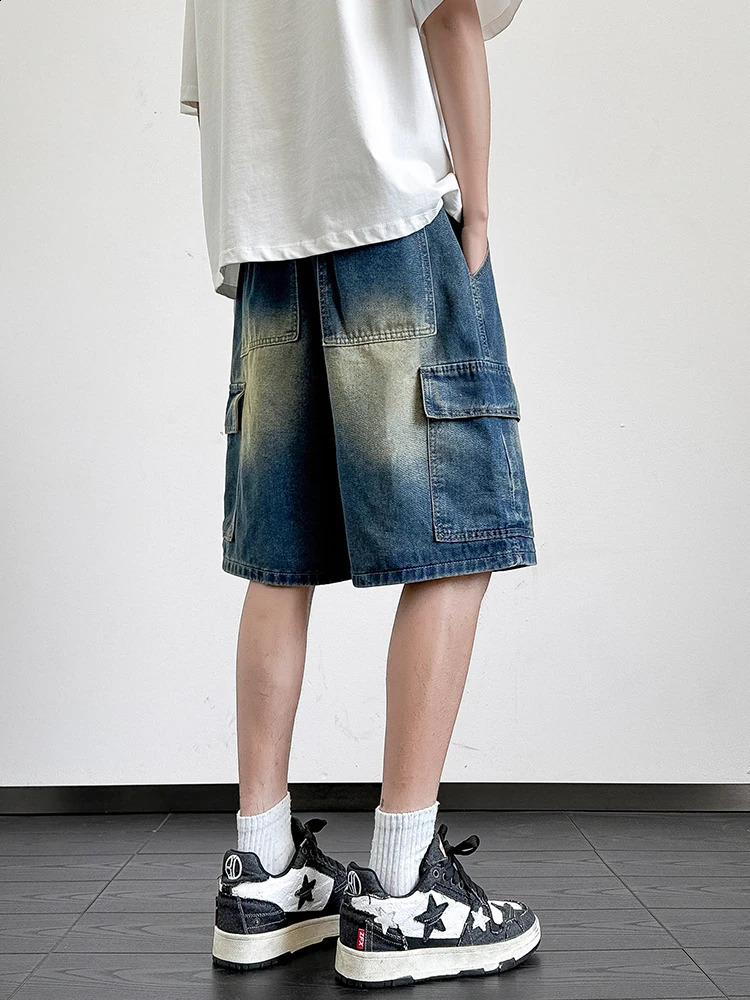 Summer Denim Shorts Men Korean Fashion Wide Leg Straight Jean Short Male MultiPocket Loose Fit Cargo 250529Z