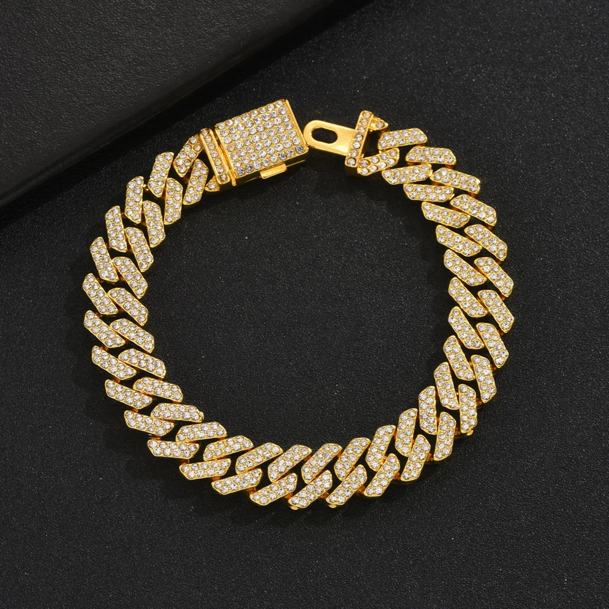 Hip Hop Cuban Bracelet For Men Full Shiny Crystal Stone Wide Gold Color Brcelet Box Clasp Fashion Statement Jewelry 250530