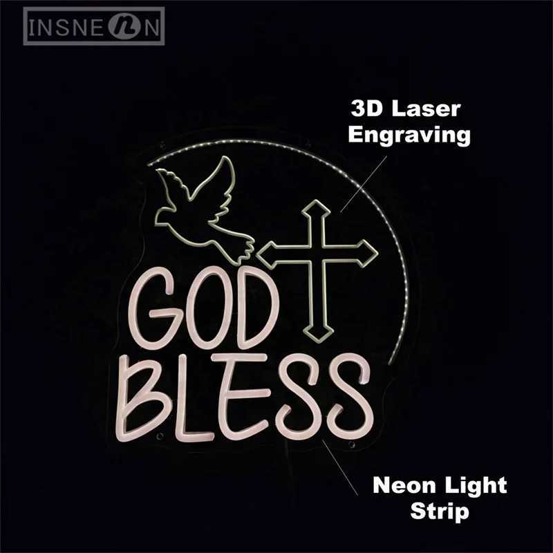 God Bless Neon Signs with USB 3D Engraving LED Wall Decor Lights for Party Home Neon Lighting Sign Baptism Decoration GiftXJ250602