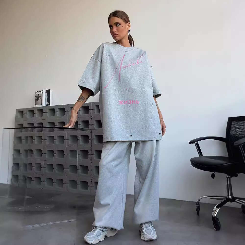 Thirteen Lines New Women's Letter Print Oversize Top Round Neck Drop Shoulder Trendy Versatile Short Sleeve T-Shirt B5