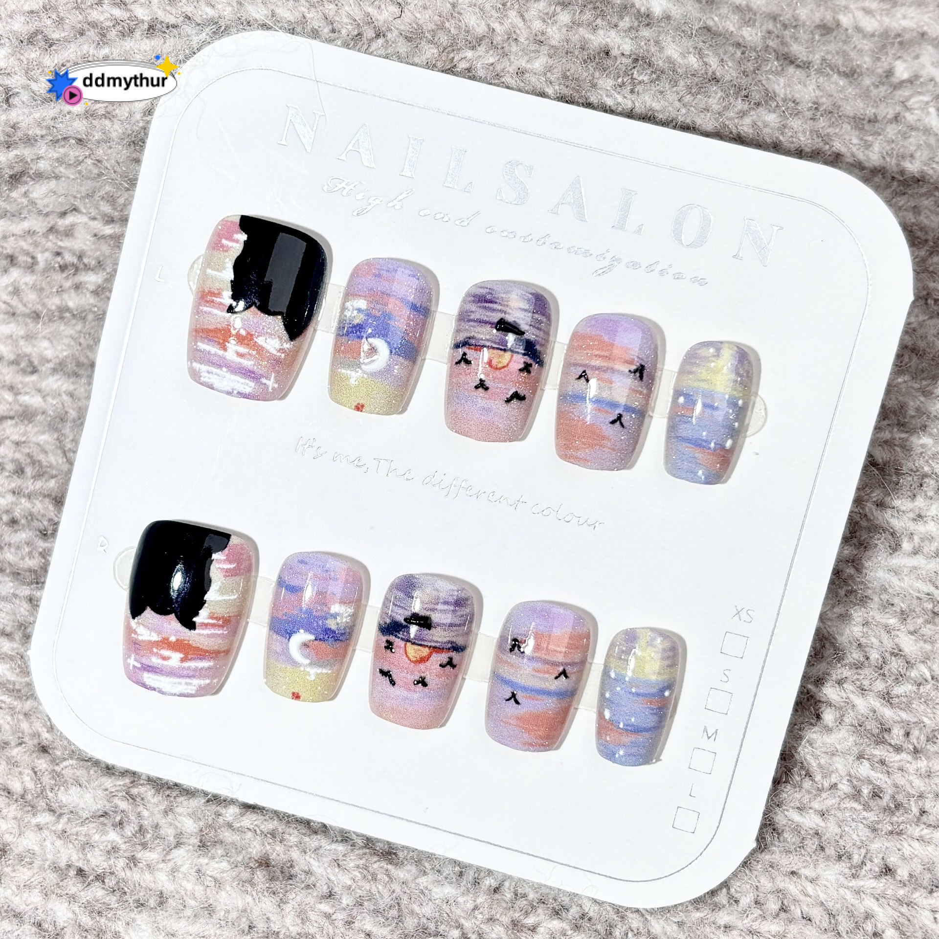 Sunset Beach Oil Painting Cat Wearing Nails Art Monet Style Purple Gradient Niche Nail Stickers ddmythur