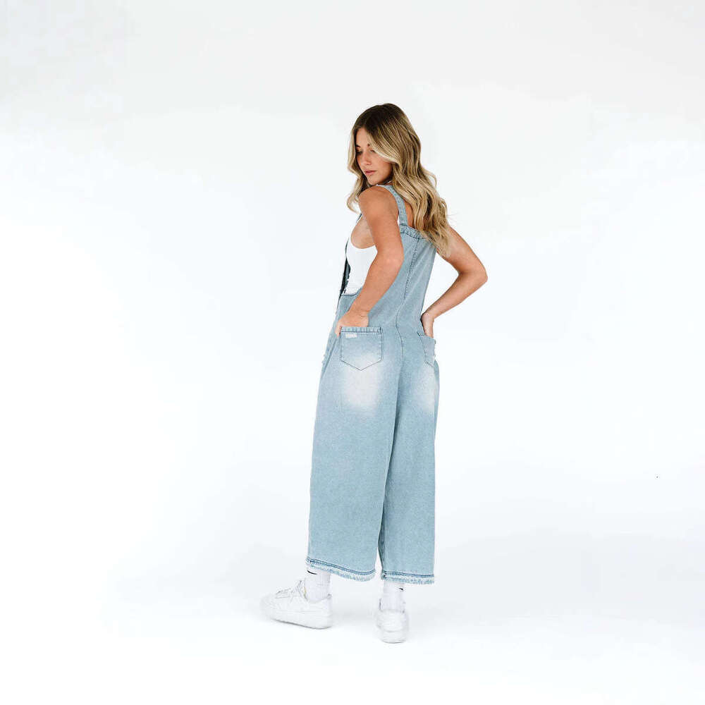 Fashion Vintage Distressed Loose Wide-Leg Comfortable Casual Strap Denim Overalls For Women B5