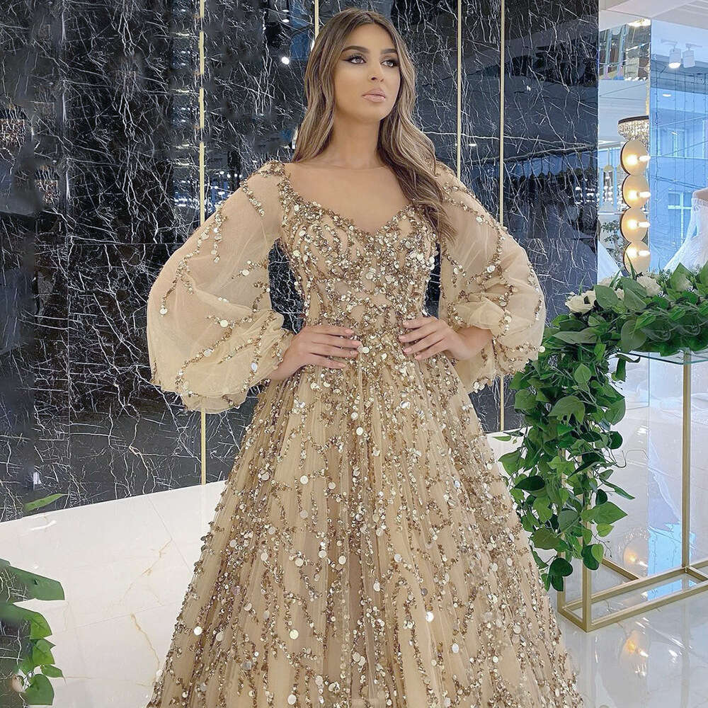 New Gold Heavy Beaded Luxury Evening Sexy Socialite Aura Queen Long Dress Yq7109 B5