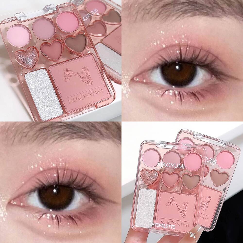 Heart-shaped 8-color eyeshadow tray with blush highlight matte, glitter, high-gloss effect - pink, berry, brown, tone