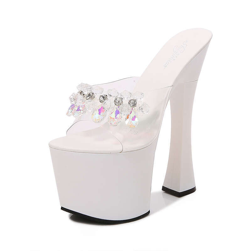 Super High Heels Super 17Cm Chunky Heel Summer Women's Waterproof Platform Transparent Pearl Sexy Fairy Slippers Outdoor High Heels Platform High