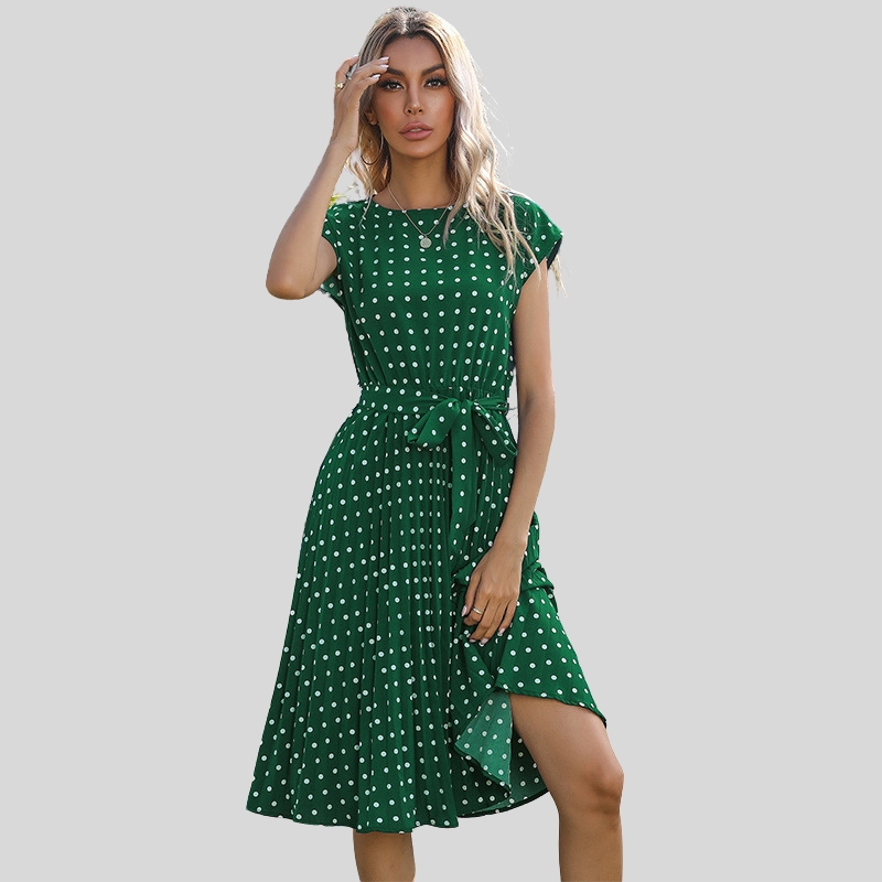 New summer hot-selling European and American medium and long dresses retro elegant short-sleeved polka dot pleated dresses
